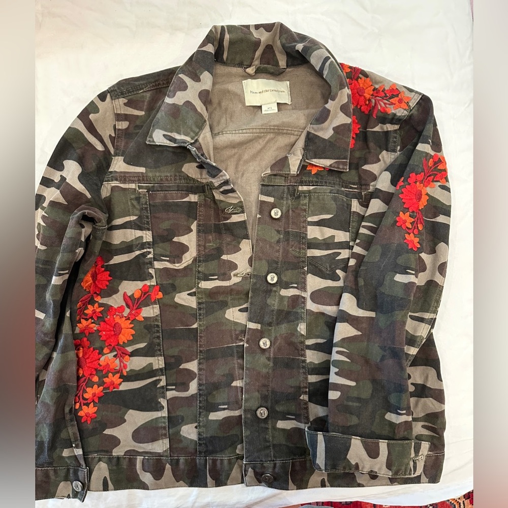 Pilcro Camo Denim Jacket with Embroidered flowers